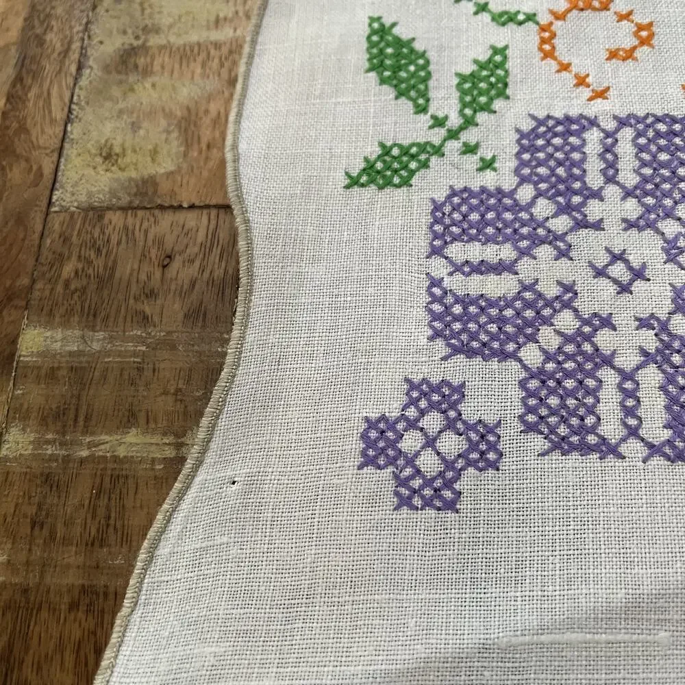 Vintage Linen Table Runner 13 x 38 in Cross Stitched White Purple Flowers